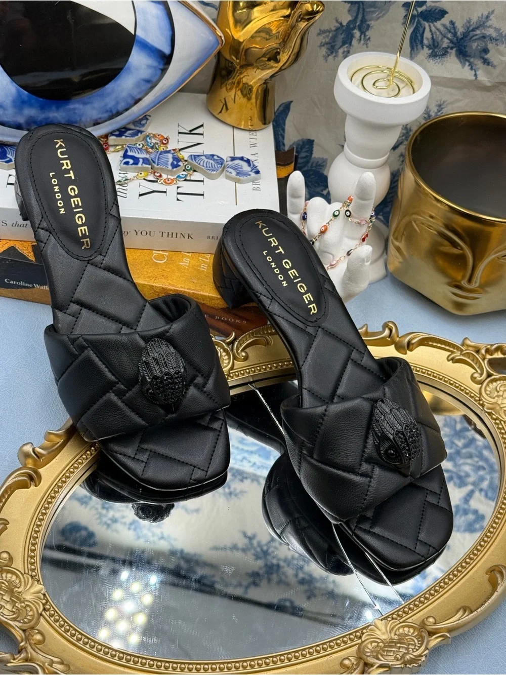 🆕 KURT GEIGER LONDON 🧿 NWOB Black Kensington Quilted Block Heel Sandal, Sz35 5